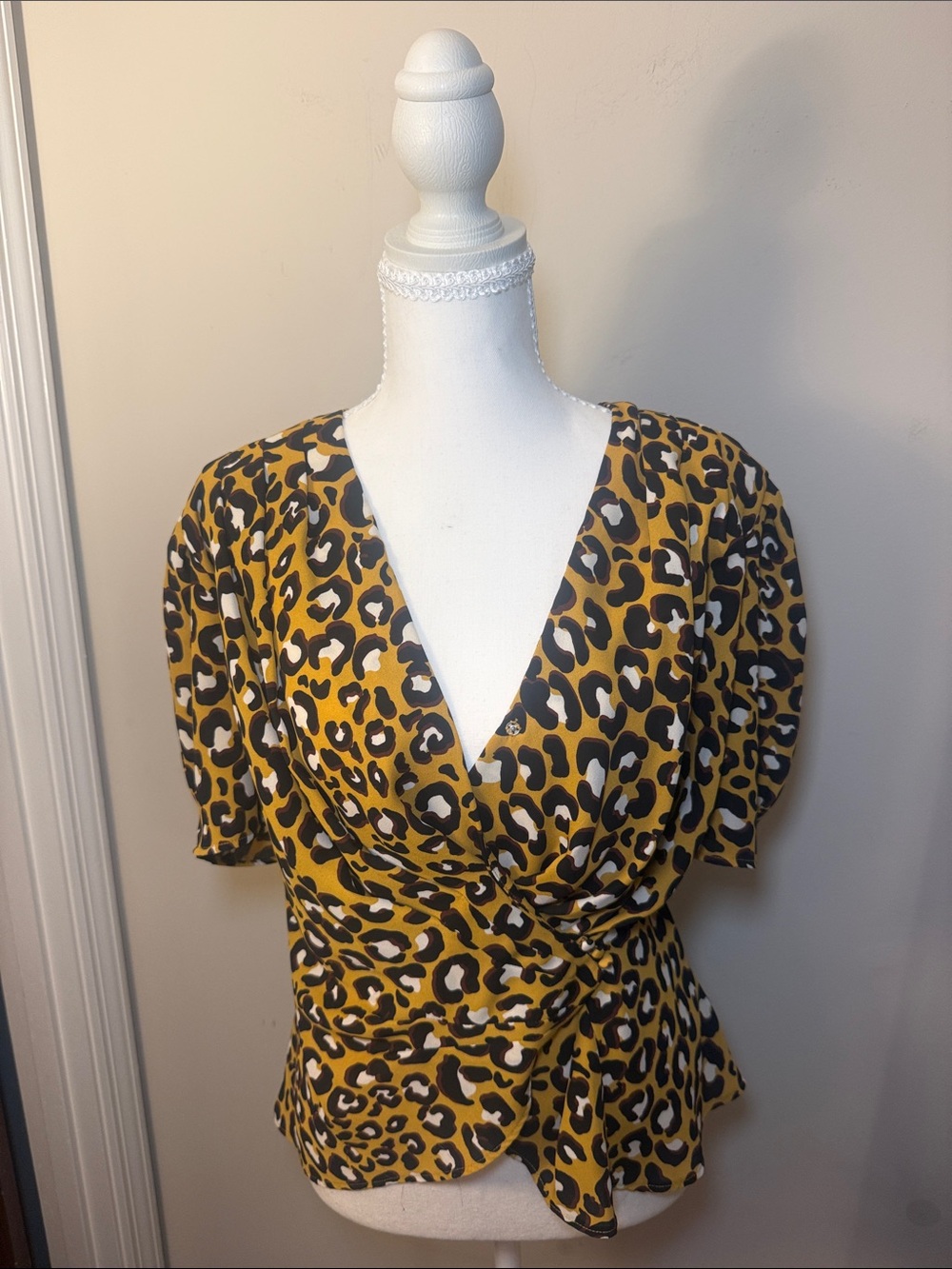 Who What Wear Yellow Leopard Print Wrap Top